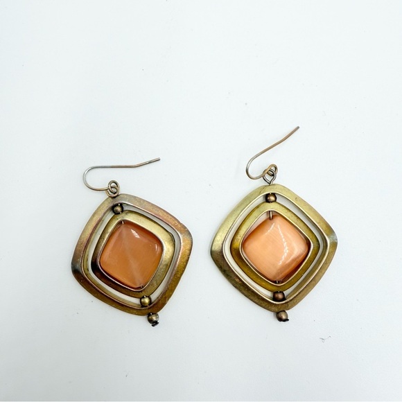 Gold Tone Orange Glass Stone Geometric Earrings - Picture 3 of 5